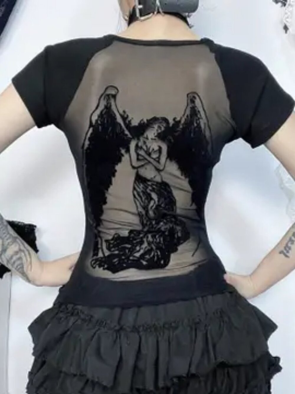 Gothic Dark Style See-Through Backless Flocked Printed T-Shirt   NEW!